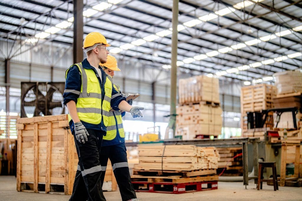 Two workers walking through engineering site during workplace safety inspection for ergonomic risk assessment